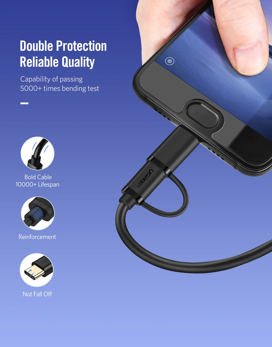 Ugreen usb type-C кабель для samsung Galaxy S10 S9 Plus 2 в 1 быстрая зарядка Micro USB кабель для Xiaomi Tablet Android USB кабель