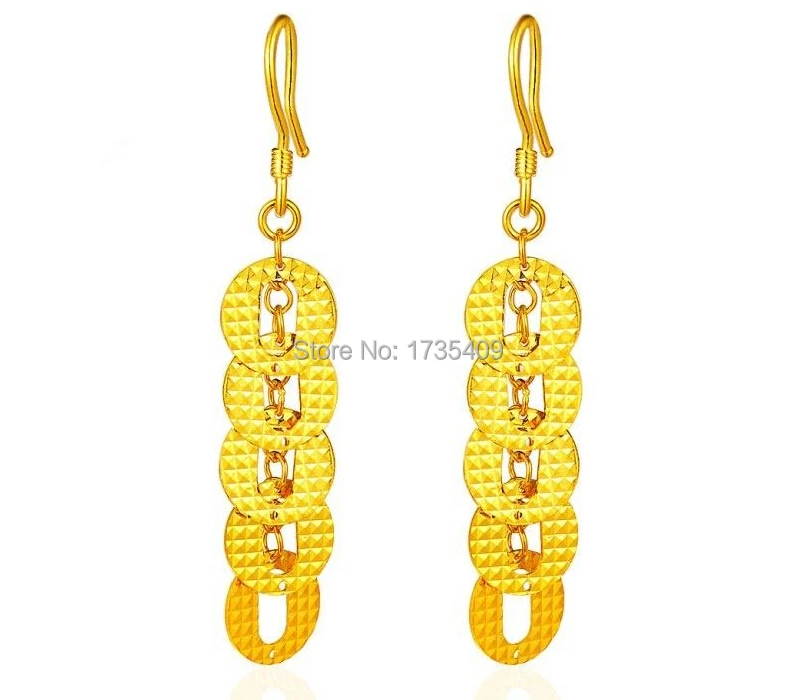 Pure 24K Yellow Gold Earrings / Craved Many Money Coin Dangle Earrings/ 6.78g