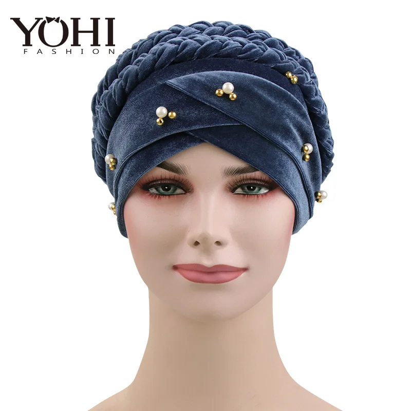

New Fashion Style Women Velvet braid bead Bandanas Headwear Cap Muslim Turban Hair Accessories Fashion Ladies Chemo Cap
