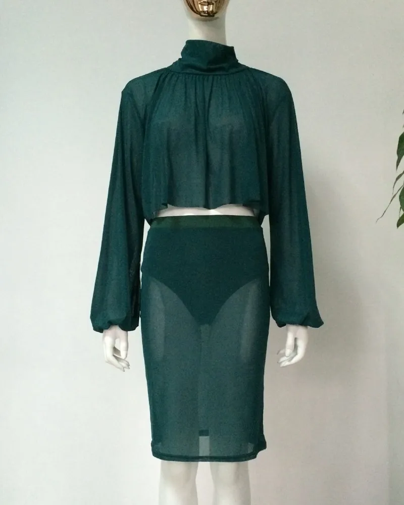 Комплект с сексуальным сетчатым платьем бантом высоким вырезом длинными