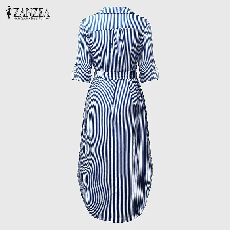 Brand Fashion Women's Long Shirt Dress Vertical Striped Ladies Sleeve Belted Side Split Maxi Vestidos 4XL Women | Женская одежда