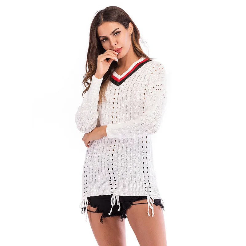 Autumn White Sweater Women Tassel Thin V-Neck Knitted Long Sleeve Spring Patchwork Hollow Out Casual Pullovers Ladies | Женская одежда