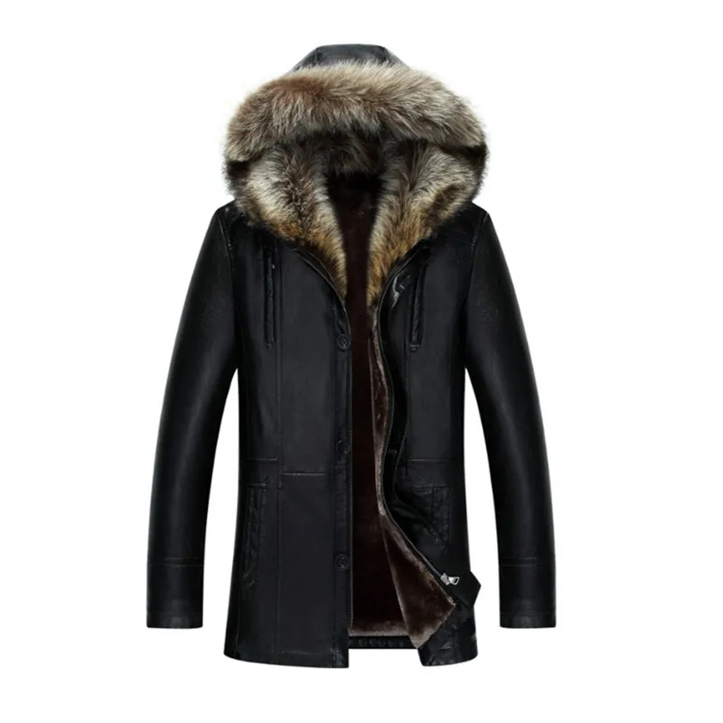 Зимняя Новинка мужское меховое тонкое кожаное длинное пальто с пуговицами на