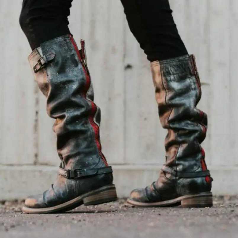 Женские сапоги до колена chaussure массивный низкий каблук Женская обувь с ремешками