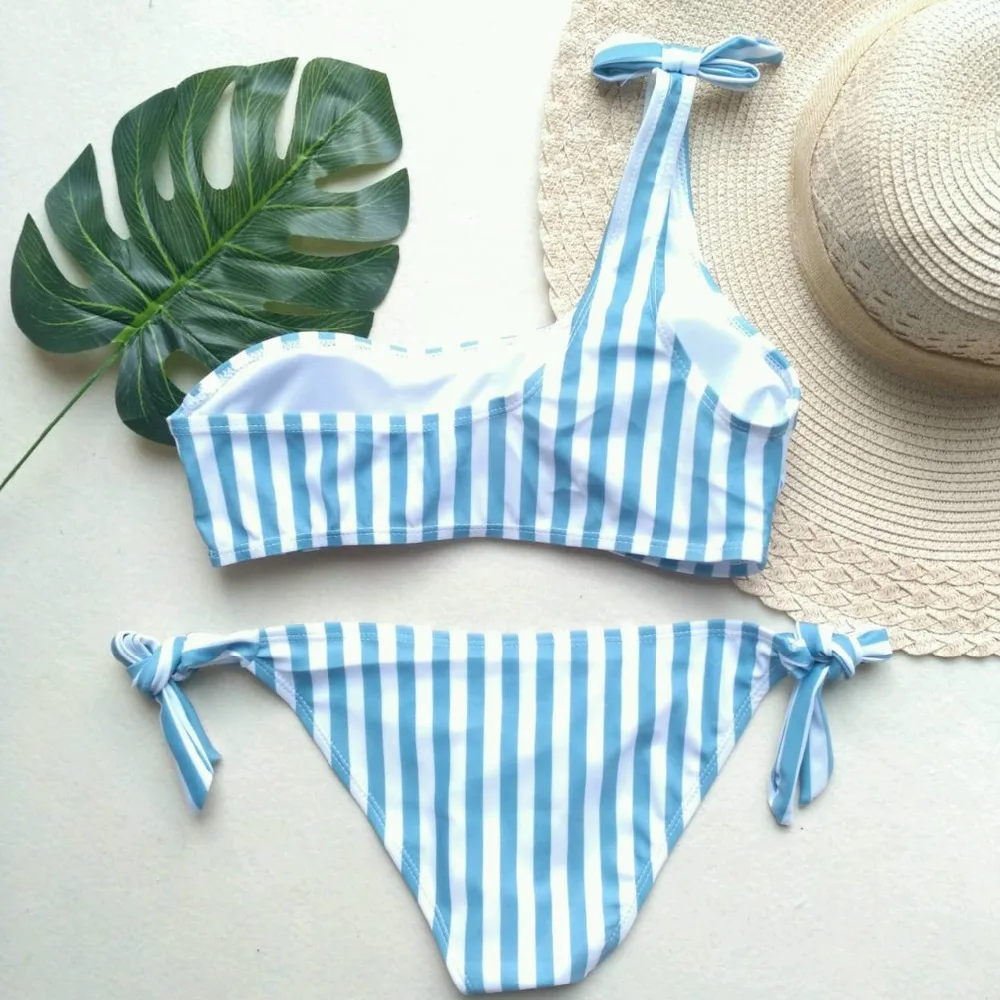 Girl One Shoulder Swimwear Pushed Up Women Striped Bikini Set Bathing Suits Two Pieces Bandaged Monokini Beach Wear | Спорт и