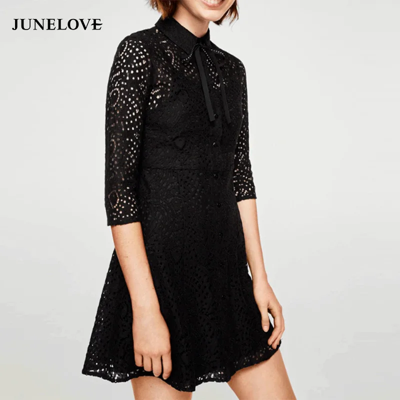JuneLove Women New Spring Half Sleeve Mini Dress Vintage Lace Two Pieces Female A-Line Casual Retro Lady Bow Tie | Женская одежда