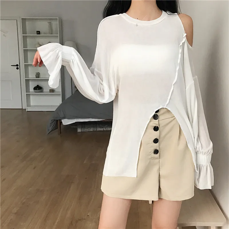 

Женская ажурная блузка с длинным рукавом и круглым вырезом