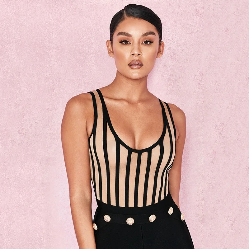 Сексуальный комбинезон на бретельках в полоску с вырезом лодочкой Rompe Rbodycon боди