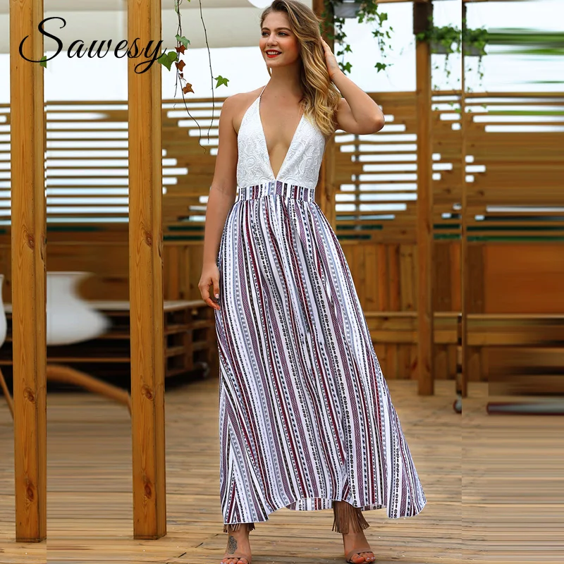 Сексуальная Boho Платье Лето 2018 модные глубоким v образным вырезом лоскутное