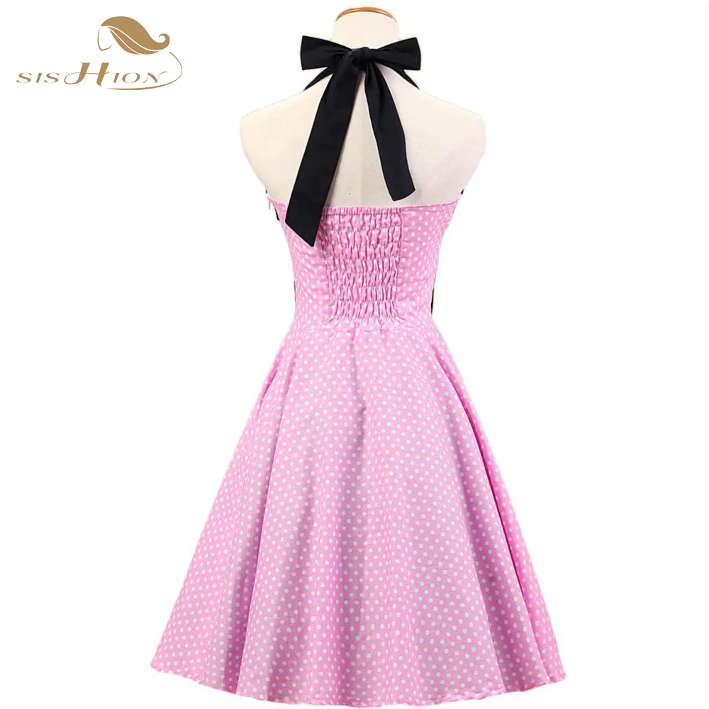 Женское винтажное платье с открытой спиной SISHION розовое в белый горошек стиле 50 х