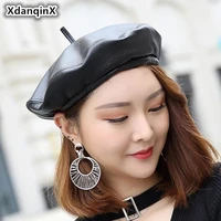 xdanqinx womens cap genuine leather trendy fashion berets for women new sheepskin british leisure jazz hats brand feminine hat