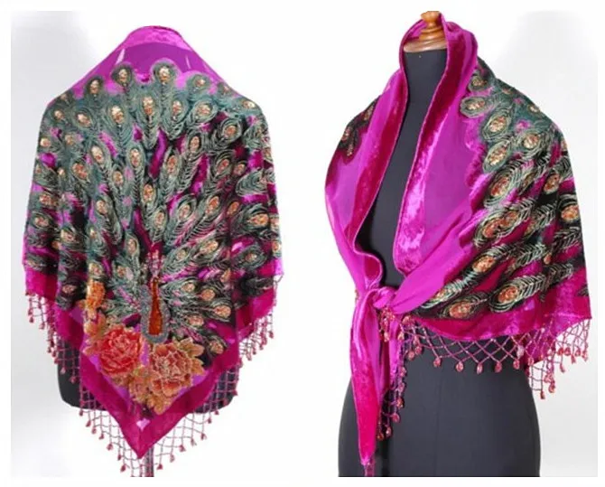 Hot Pink Фиолетовые китайские Женские Треугольные бархатные шелковые вышитые бисером шаль шарф обертывание шарфы Peafowl WS005-D - Цвет: Hot Pink