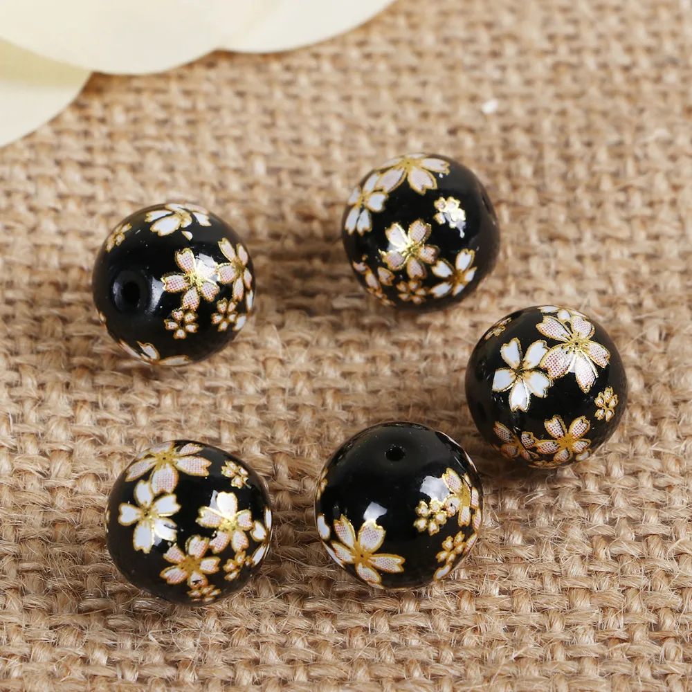 

DoreenBeads Glass Painting Vintage Japanese Tensha Beads Round Sakura Flower Pattern Imitation Pearl About 12mm( 4/8") Dia 5 pcs