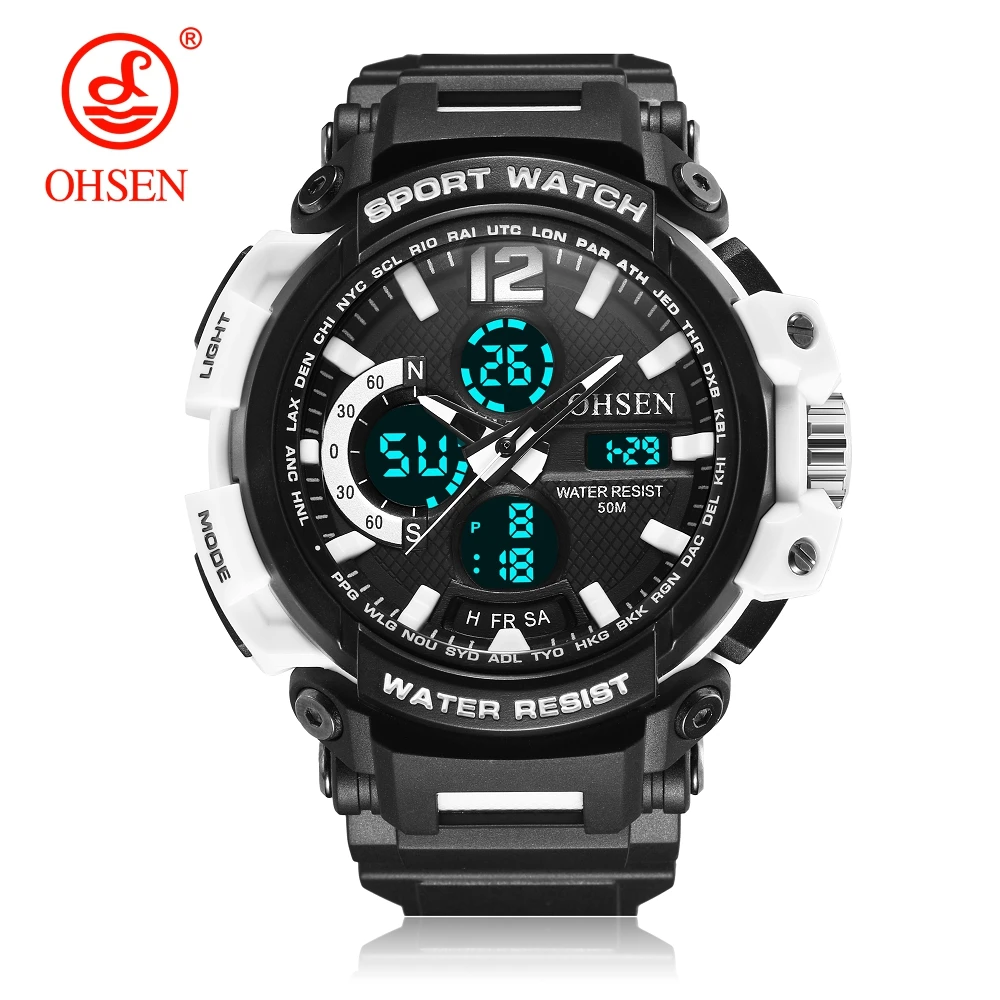 

OHSEN Digital Quartz Men Fashion Military Watches Outdoor Sport White Army Waterproof Wristwatch Electronic LED Clock Stopwatch