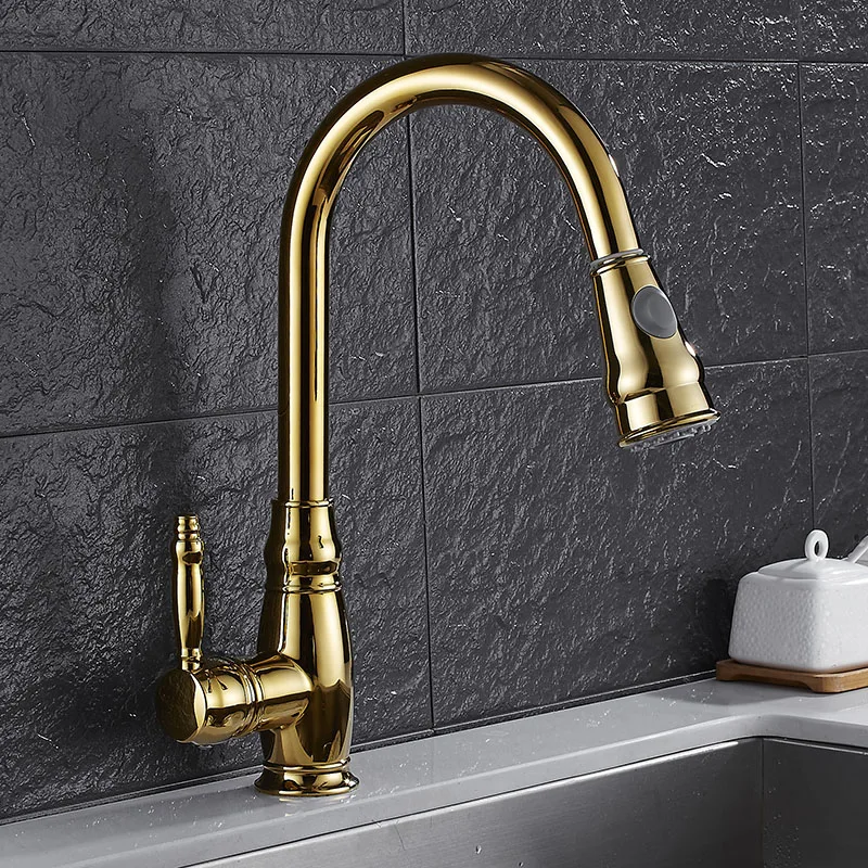 Azeta Golden Pull Out Kitchen Faucet 360 Degree Rotation Torneira Cozinha Deck Mounted Hot Cold Water Sink Tap AT7618G | Обустройство