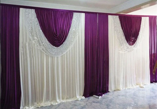 

cheap grape purple wedding backdrop curtain with swag wedding drapes, backdrop wedding reception with sequin