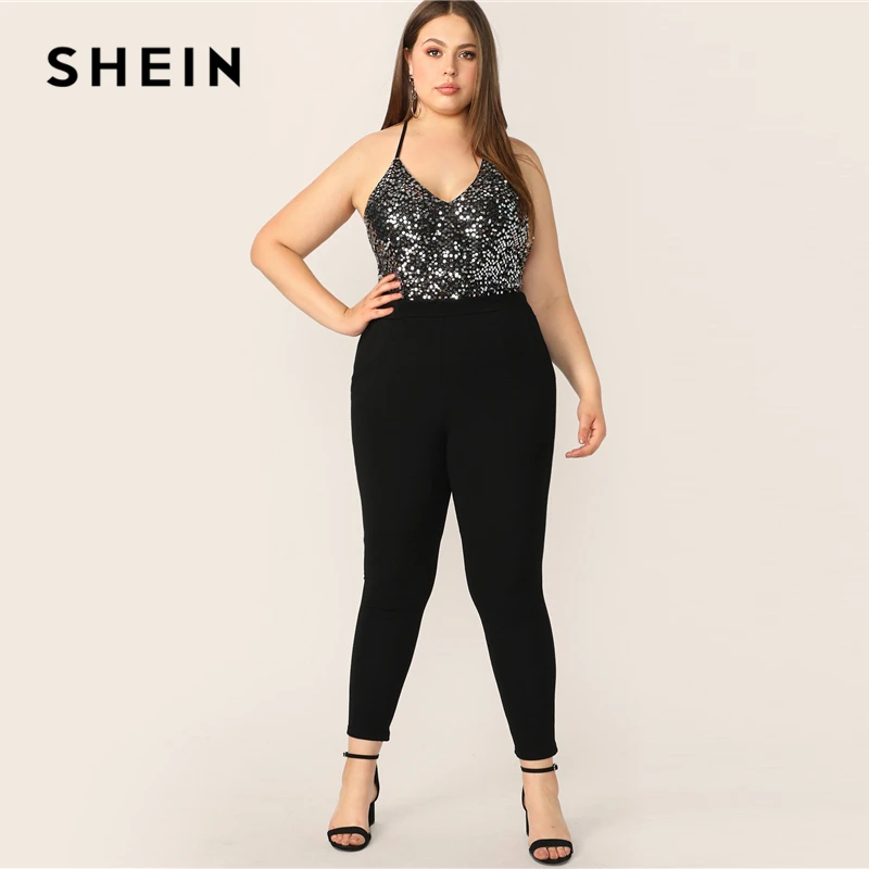 SHEIN размера плюс контрастной отделкой пайетками корсаж с открытой спиной с лямкой на шее боди Для женщин однотонные летние пикантные и клуб без рукавов плюс боди
