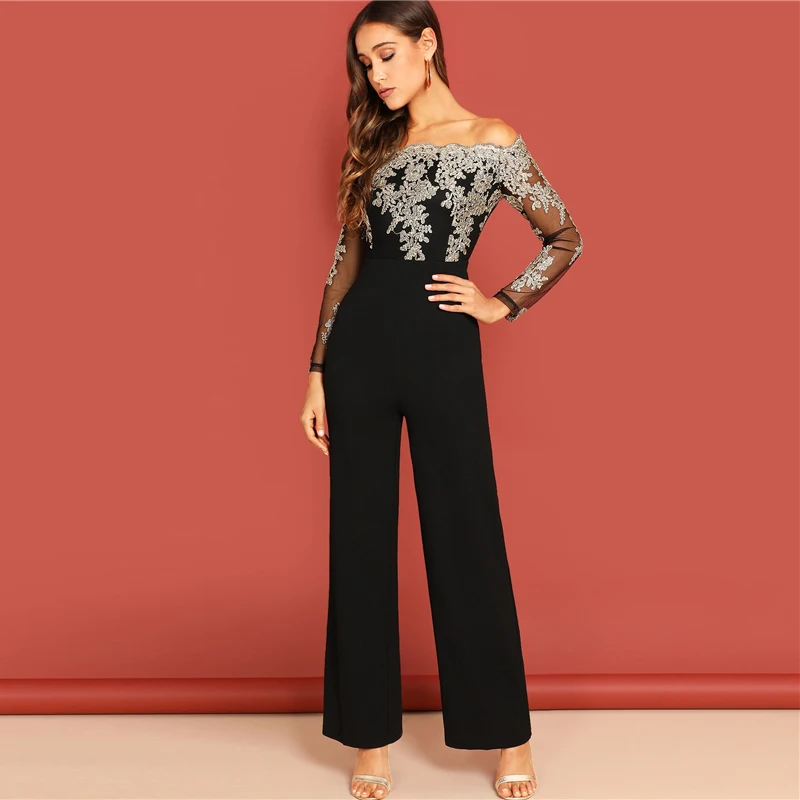 SHEIN Комбинезон С Вышивкой И Открытыми Плечами Женский Летний Черный Элегантный Комбинезон С Длинными Рукавами