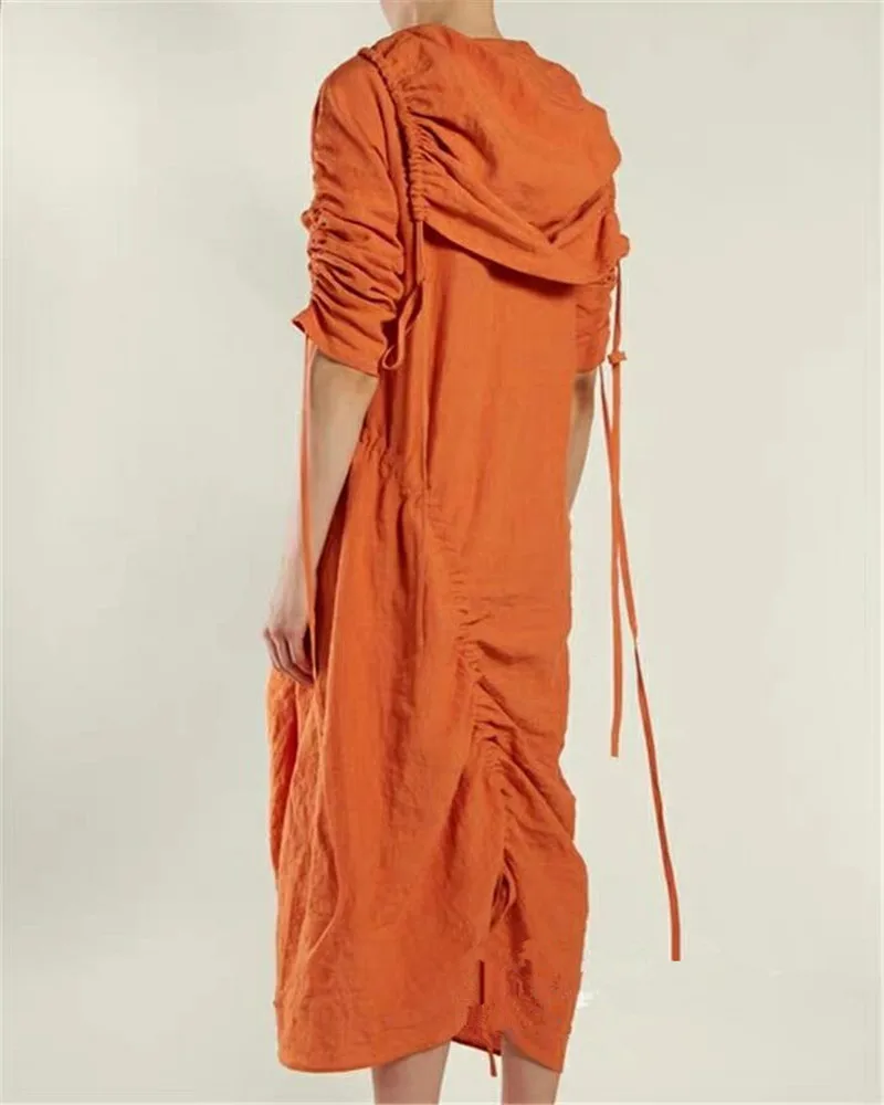 Женское платье с драпировкой элегантное оранжевое Бандажное без бретелек