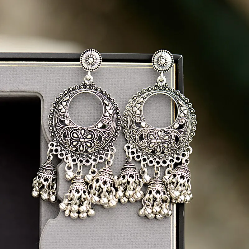Серебряные круглые египетские Винтажные серьги Jhumka Bells с кисточками для женщин, Классические турецкие цыганское племя, индийские ювелирные изделия HXE103