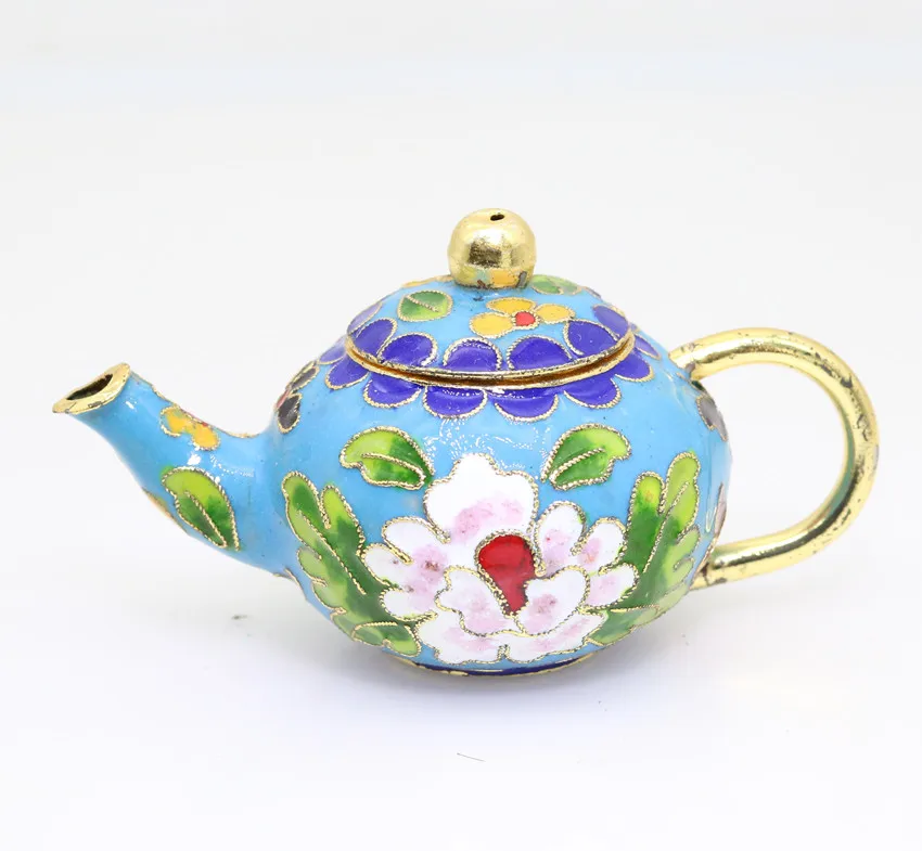 Chinese MiNi Ornament Cloisonne Enamel copper wire inlay green leaves pink white flower acid blue decoration gourd flagon H022 | Дом и сад