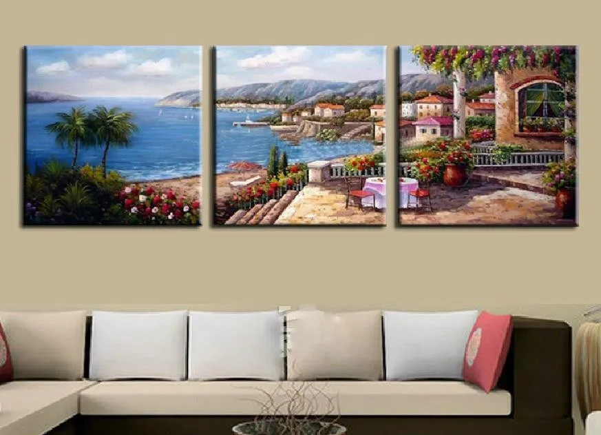 

3 pieces Mediterranean landscape handpainted oil painting canvas wall art decor for living room wholesale is welcomed