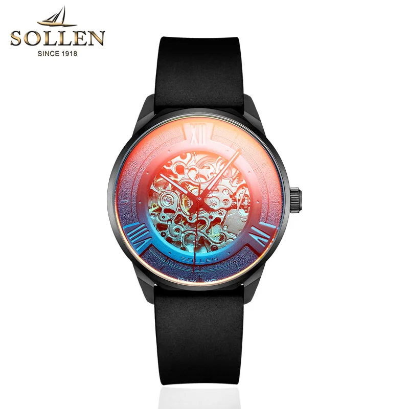 Silicone Band Black SOLLEN Скелет автоматические часы для мужчин браслет из нержавеющей стали мужские спортивные механические часы водонепроницаемые поляризованные механические наручные часы - Цвет: Silicone Band Black