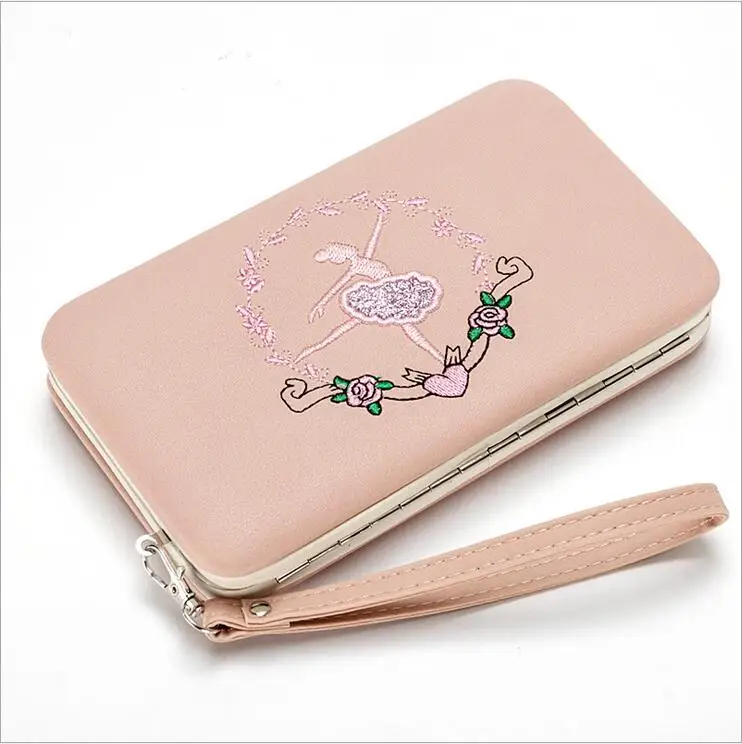 pink Модный женский кошелек с вышивкой, Женский кошелек с длинной застежкой, женская сумочка для денег, кошельки для танцев, клатч из ПУ кожи, три сложения, 271 - Цвет: pink
