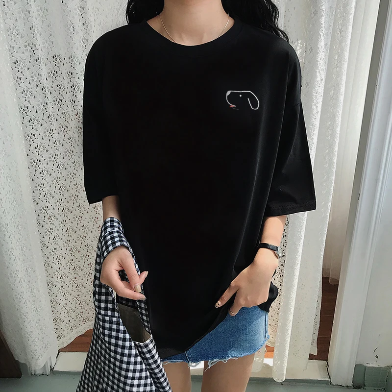 Women T-shirt Printing Medium Long Loose Large Size Puppy O-Neck T-Shirt Cotton Tops Fit Soft Casual Street Wear | Женская одежда