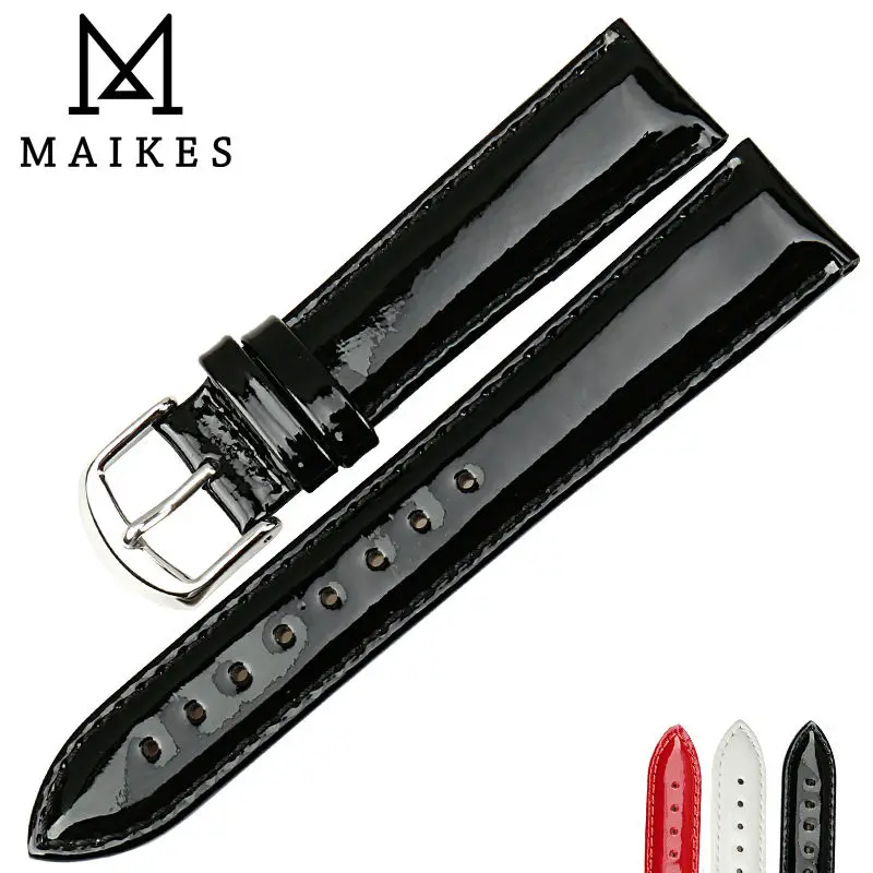 MAIKES New Design 12mm 14mm 16mm 18mm 20mm White Soft Watch Strap Shine Patent Leather Watchbands Genuine Leather Watch Band