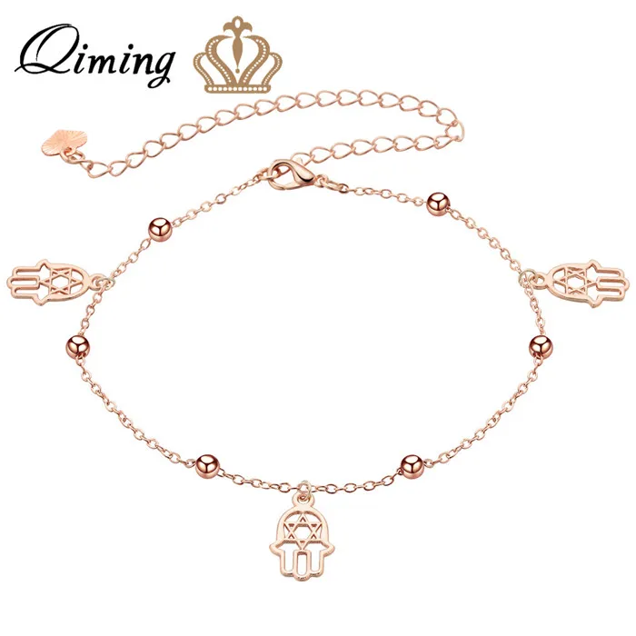 hamsa QIMING, сексуальный браслет на лодыжку, цепочка на ногу, Pulsera Tobillo, для женщин, Halhal, золото, серебро, этнические бусины, очаровательные ювелирные изделия для ног - Окраска металла: hamsa