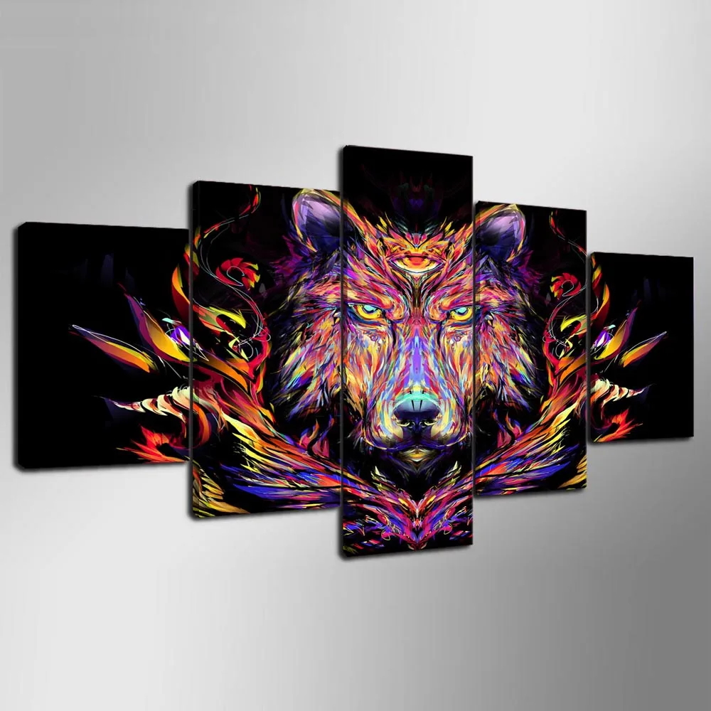 5 панельных настенных картин животные красочные картины с волком принты на