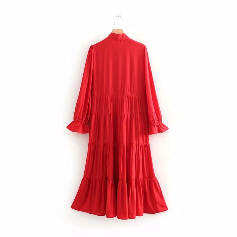 Женское винтажное длинное платье Za красное в пол с оборками и длинным рукавом