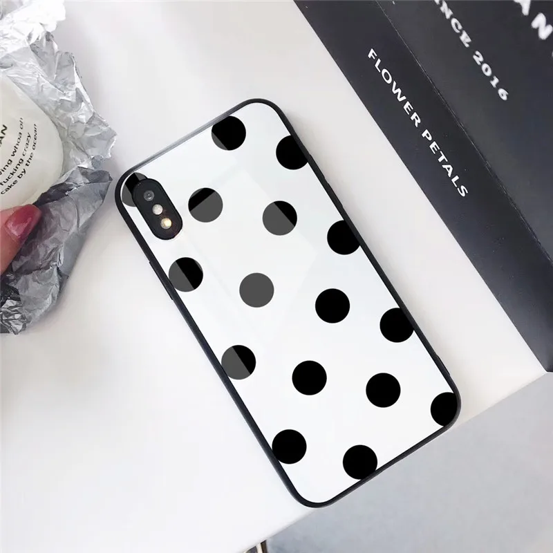 GYKZ Винтажный чехол из закаленного стекла для телефона в горошек для iPhone XS MAX XR X 7 8 6 6s Plus черный белый глянцевый Жесткий Чехол