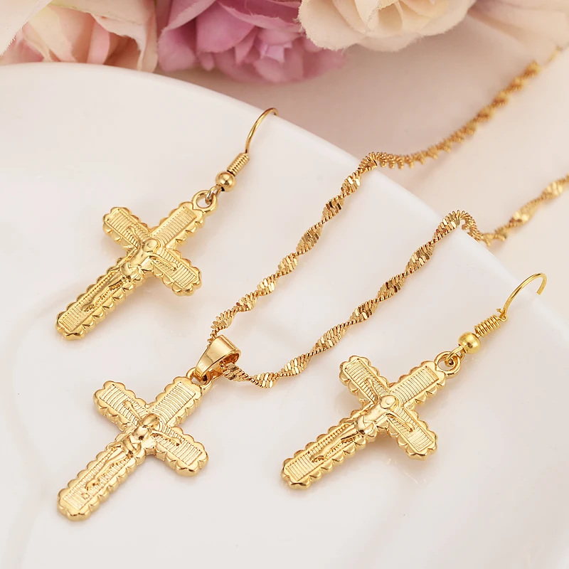 

gold small cross Pendant Necklace chain Earrings sets Jewelry Gold Christian jewelry sets for women girl Best Jesus Gifts