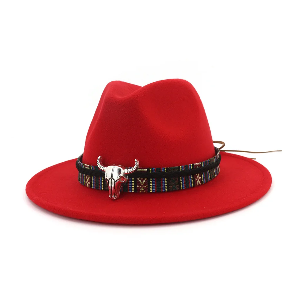 Red Шерстяная фетровая шляпа Панама Джаз Fedoras Шляпы с металлический лист плоские полями формальная Вечеринка и сцена топ шляпа для женщин мужчин унисекс - Цвет: Red