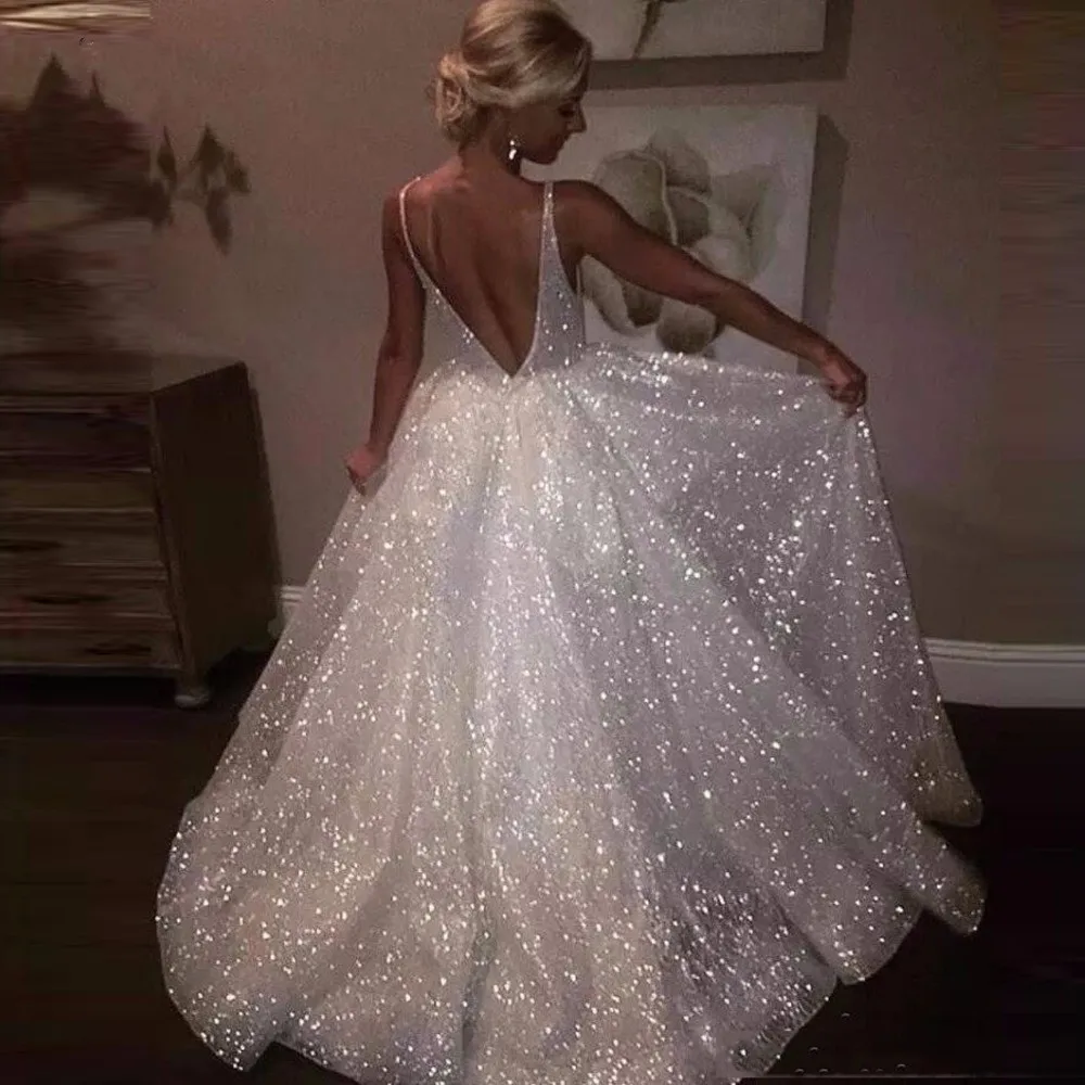 vestido de festa longo Formal Party Gowns for Women Sparkle White Sequins Evening Dresses Deep V-neck Spaghetti Dress | Свадьбы и