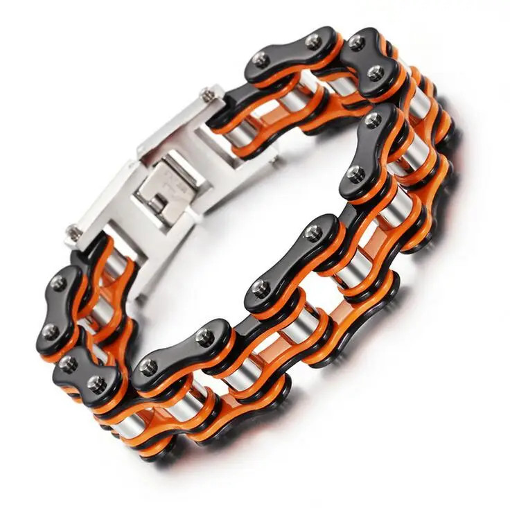 Black Orange 1 Мотоцикл Велосипед полировки браслет байкера 316L нержавеющая сталь мужские велосипедные цепи браслет ювелирные изделия черный зеленый белый - Окраска металла: Black Orange 1