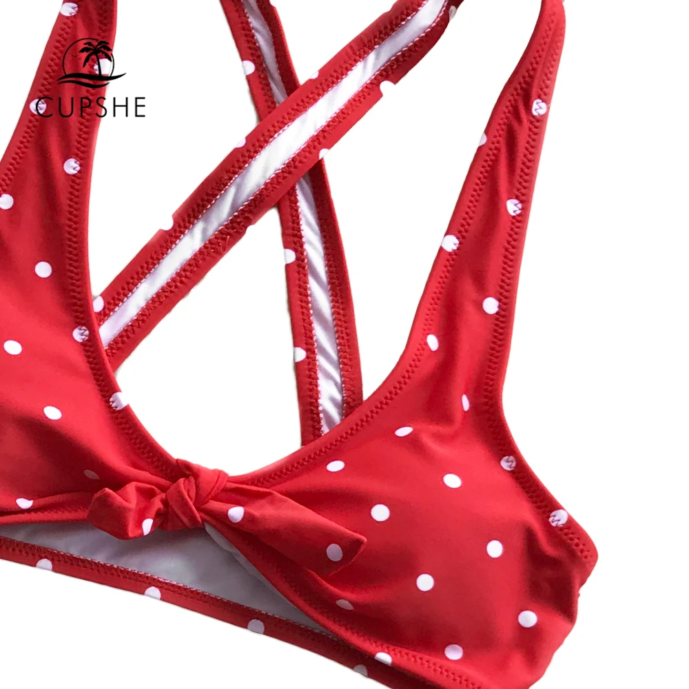 Женский купальник бикини CUPSHE красный и белый горошек с перекрестными завязками 2