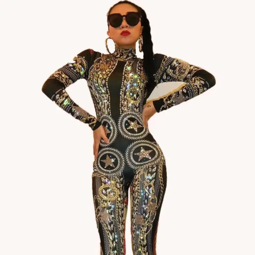 Black Gold  Printed Stretch Rhinestones Jumpsuit Women's Sexy Bodysuit Costume Stage Outfit Singer Dancer Performance Rompers