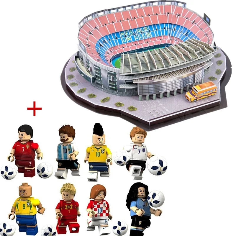 Stadio and Figure(8p Горячие Новые DIY головоломки архитектура лагерь ноу футбольные игры стадионы строительство кирпича игрушечные масштабные модели наборы строительные бумаги - Цвет: Stadio and Figure(8p