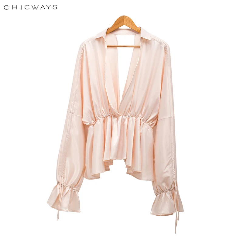 CHICWAYS Мода печати шелковые Сатиновые блузки свободные для женщин V шеи Ruched Drawstring
