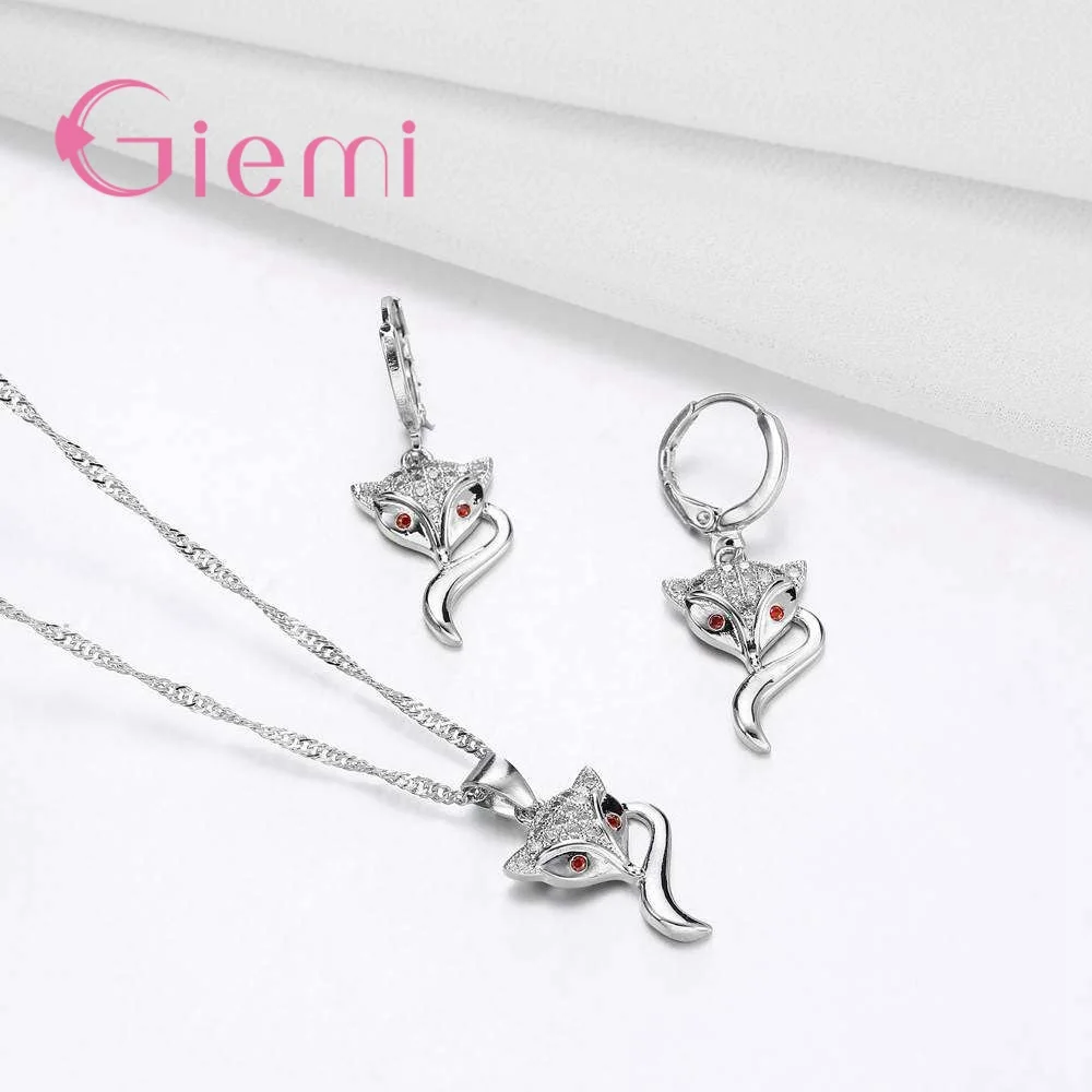 Комплект из колье и серёг серебра 925 пробы с подвеской в виде лисы|wedding jewelry|earrings