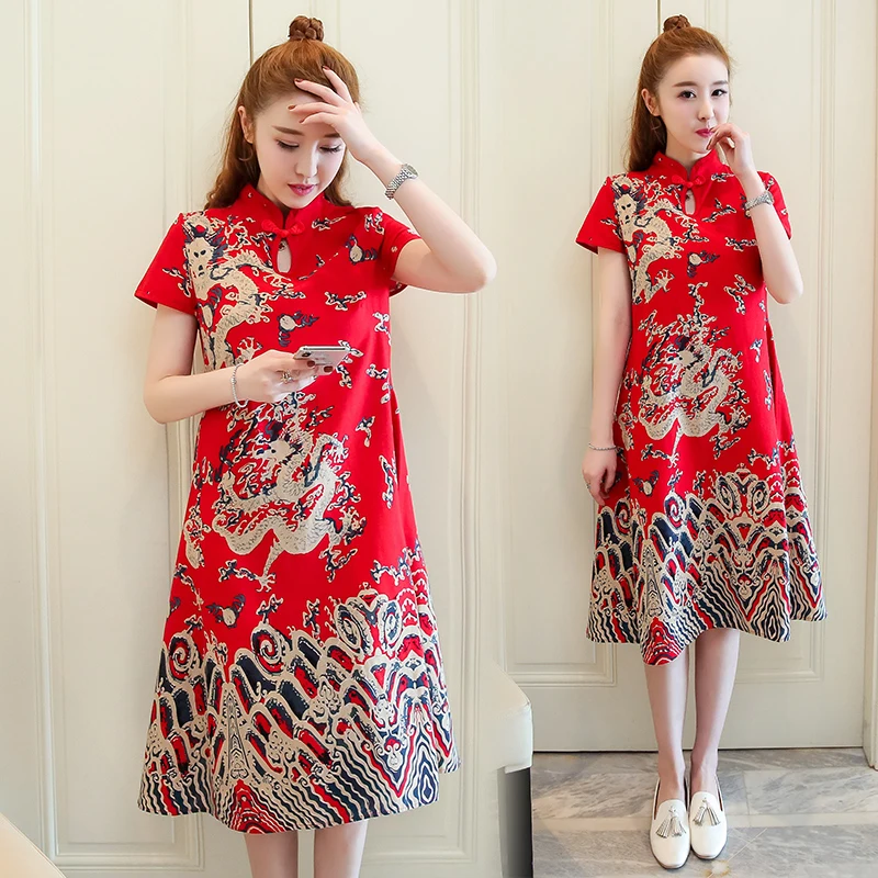 Improved Cheongsam Summer Dress Women's Clothing Chinese National Wind Cotton and Linen Dresses Stand Collar Large Size 4XL