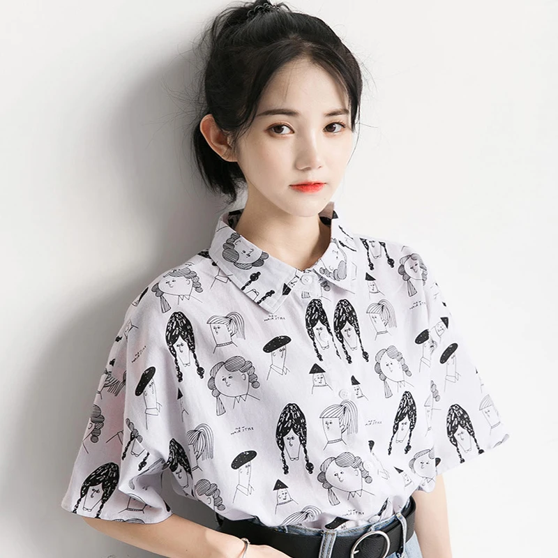 

Лето Blusas Femima 2019 корейская Ретро рубашка с принтом лацканы короткий рукав модная женская рубашка повседневные белые топы