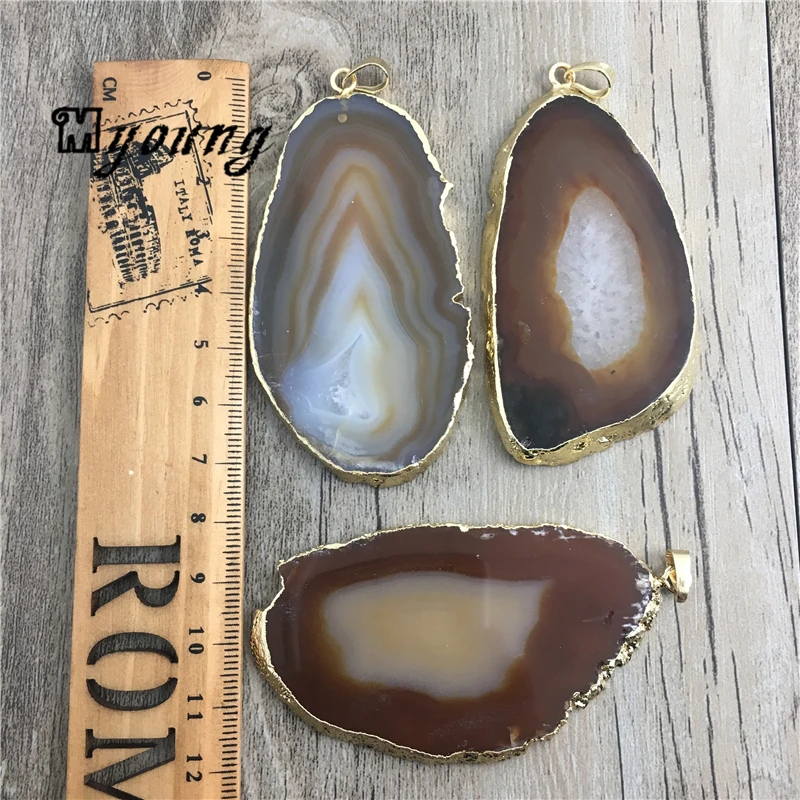 Большая Коричневая подвеска в полоску из кварца позолоченная с гальваническими