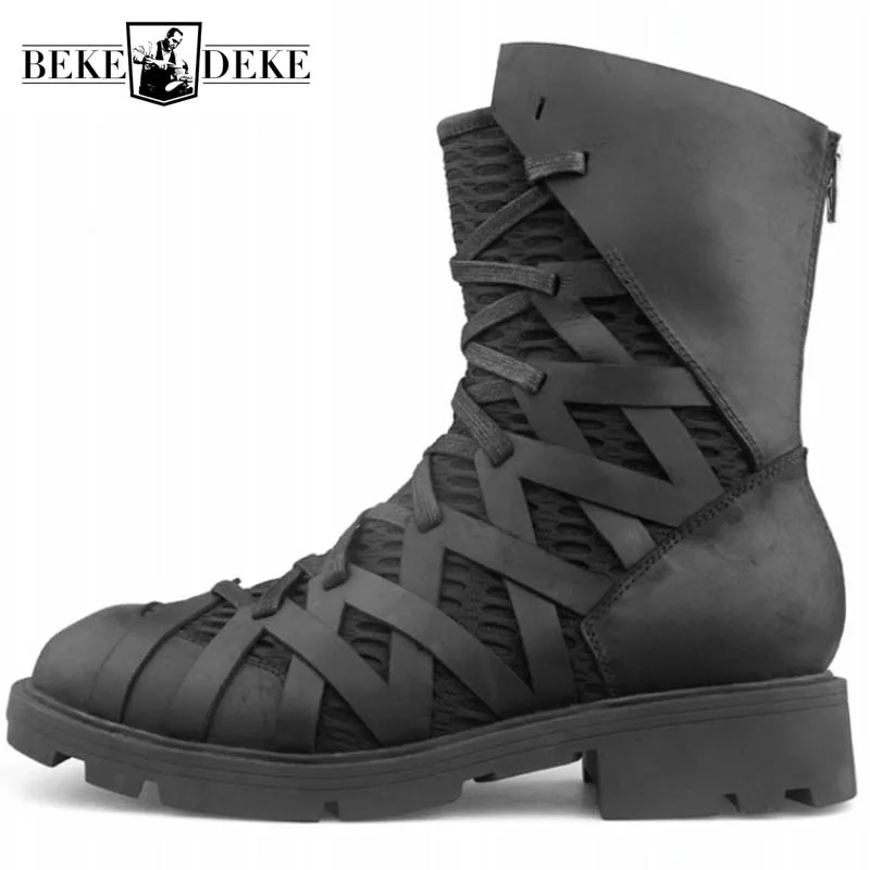 

High-Top Punk Shoes Men Ankle Luxury Trainers Genuine Leather Mesh Patchwork Back Zip Motorcycle Boots Casual Hip Hop Sneakers