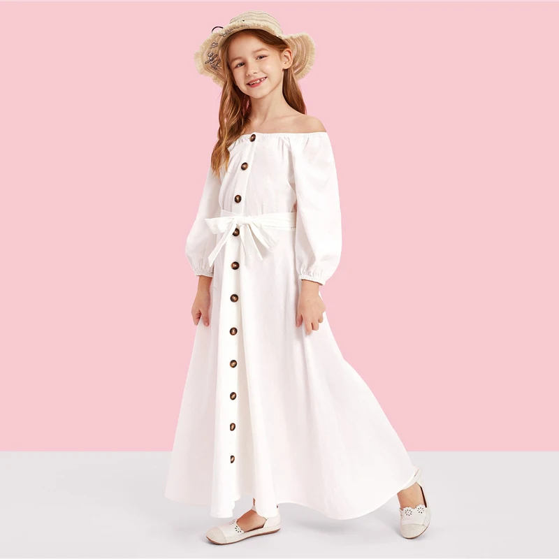 SHEIN/повседневное платье макси для девочек с открытыми плечами, пуговицами и поясом спереди; коллекция года; Летние Детские платья с длинными рукавами