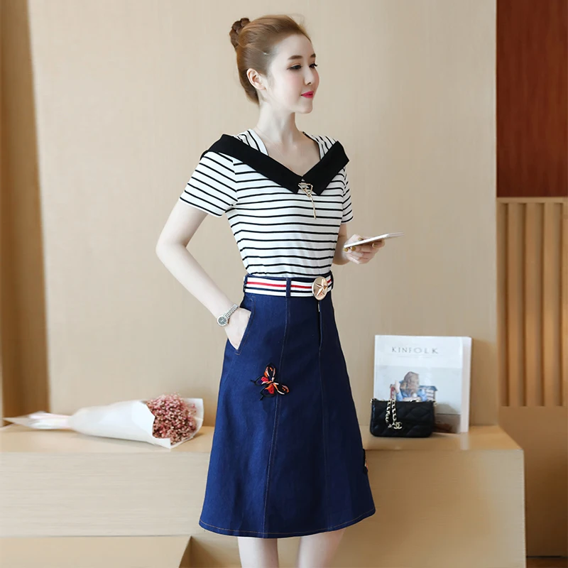 

Summer wear new knitted stripes rings butterfly decals denim skirts korean fashion design lady vestido clothes top blouse S-XL