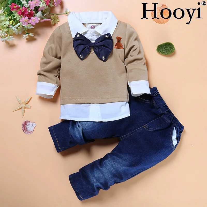 

Hooyi Gentleman Baby Boys Clothes Suits Children Fashion 2-Pieces Set Kids Shirt + Jean Boy Outfits Big Bow Tie T-Shirts Trouser